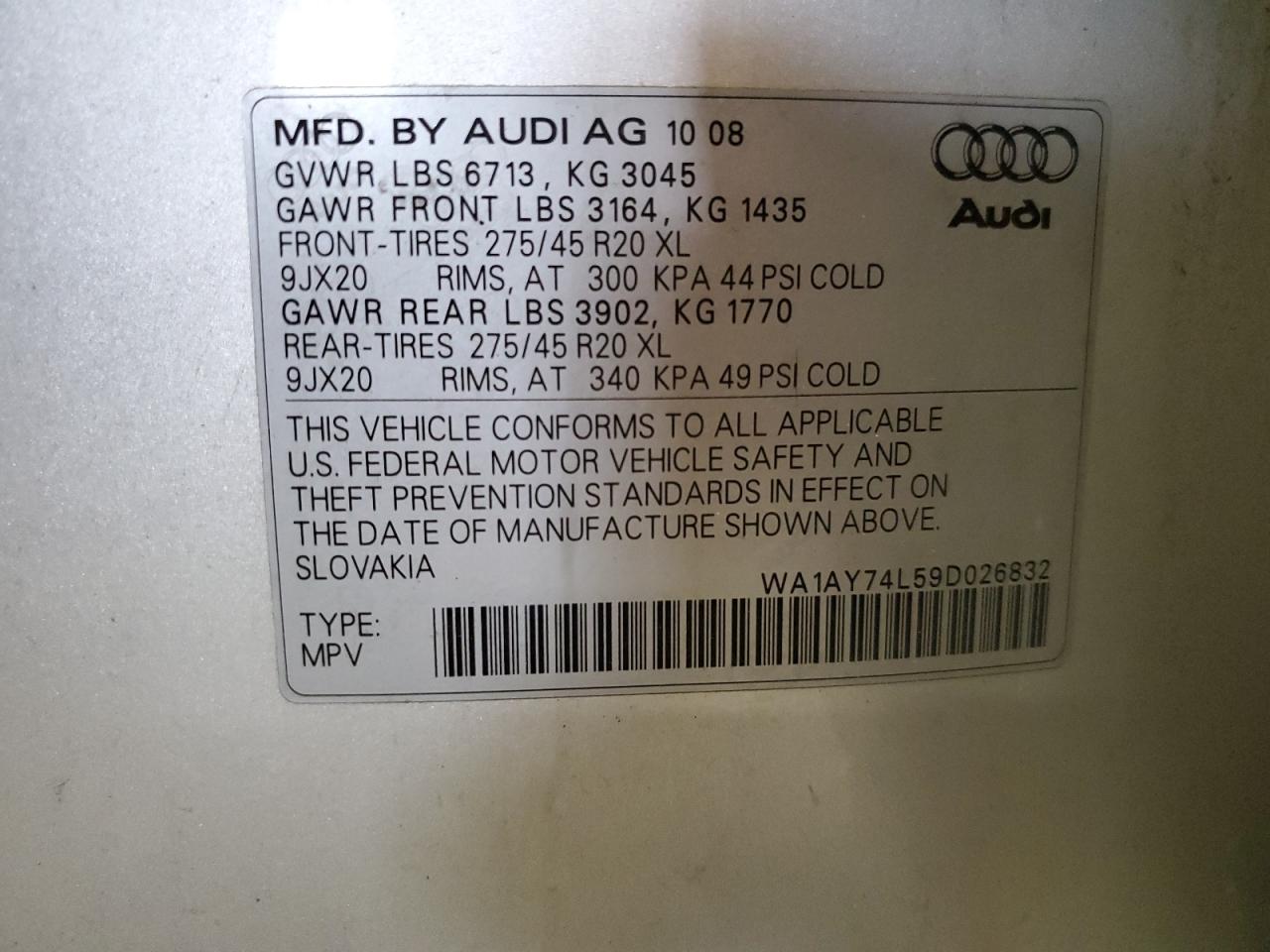 2009 Audi Q7 3.6 Quattro VIN: WA1AY74L59D026832 Lot: 69178954