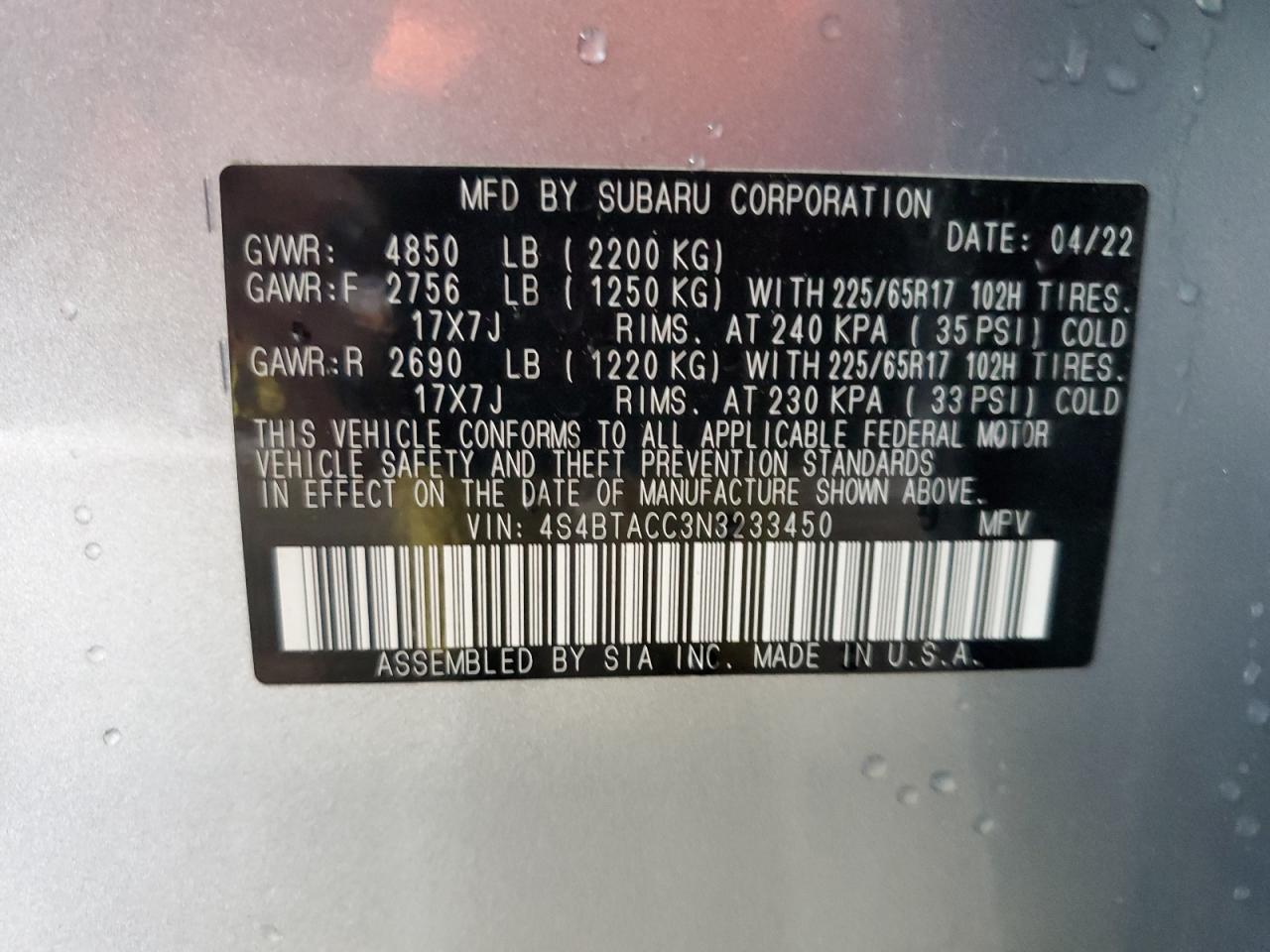 4S4BTACC3N3233450 2022 Subaru Outback Premium