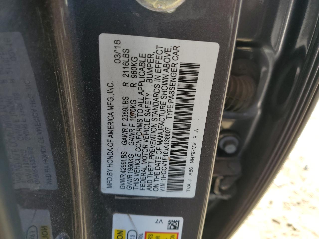 1HGCV1F10JA138607 2018 Honda Accord Lx