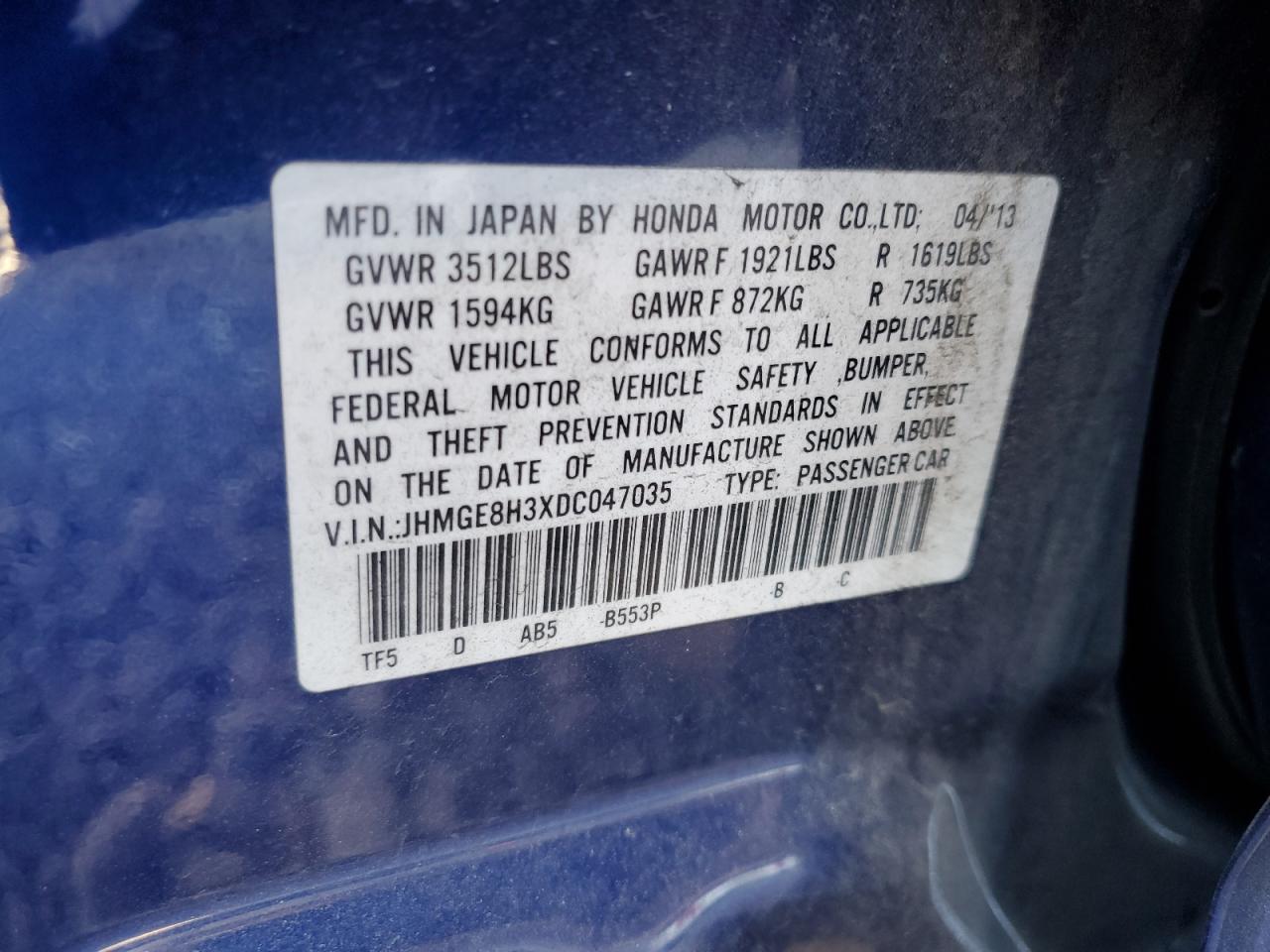 JHMGE8H3XDC047035 2013 Honda Fit