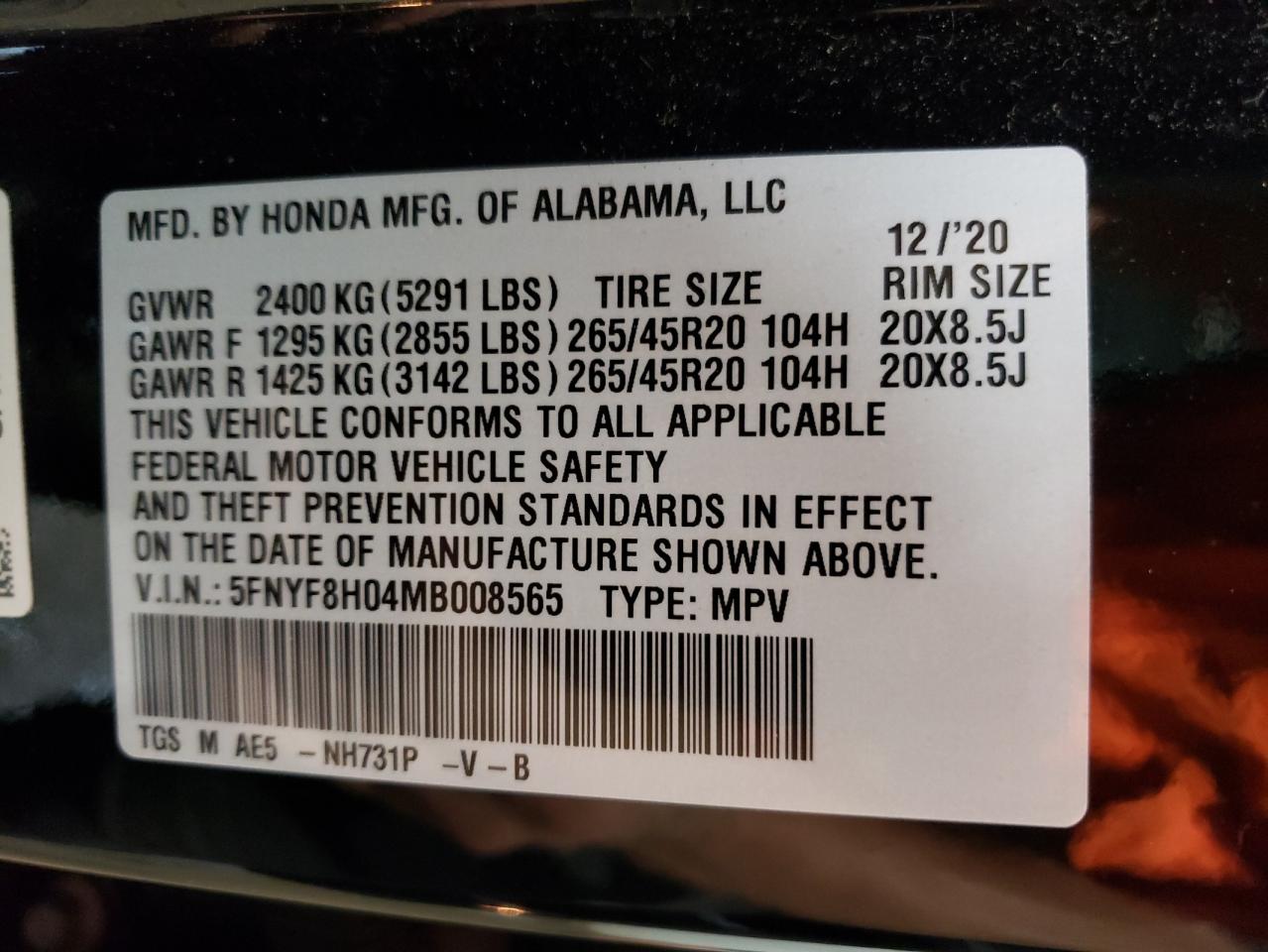 5FNYF8H04MB008565 2021 Honda Passport Elite