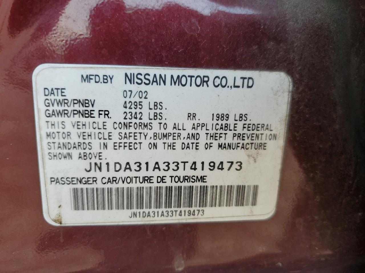 2003 Nissan Maxima Gle VIN: JN1DA31A33T419473 Lot: 71014054