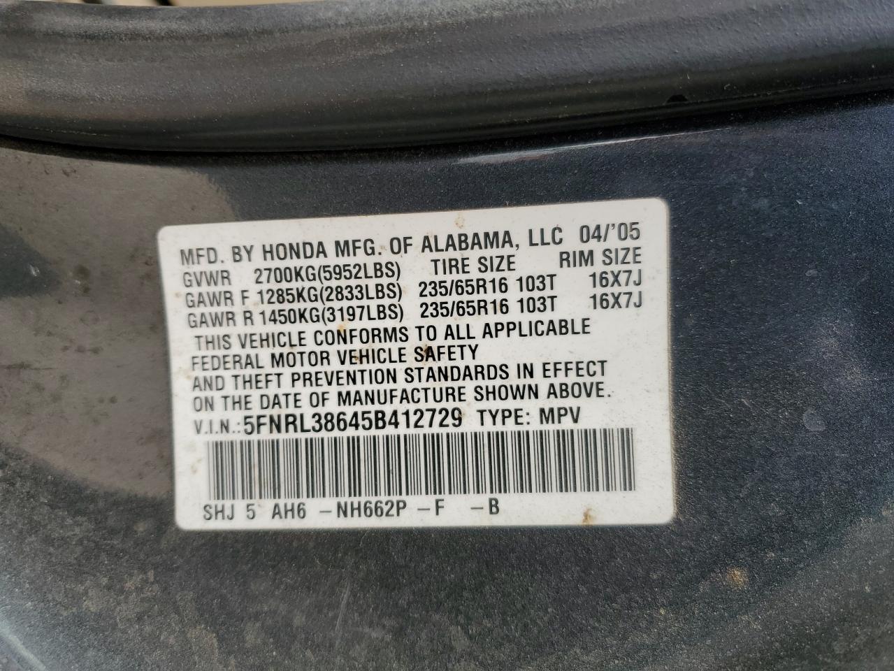 5FNRL38645B412729 2005 Honda Odyssey Exl