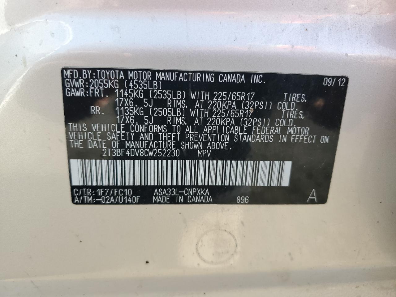 2012 Toyota Rav4 VIN: 2T3BF4DV8CW252230 Lot: 71654354