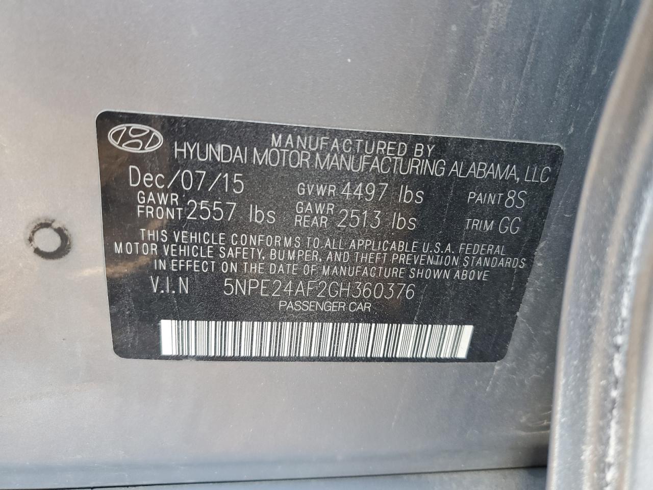 5NPE24AF2GH360376 2016 Hyundai Sonata Se