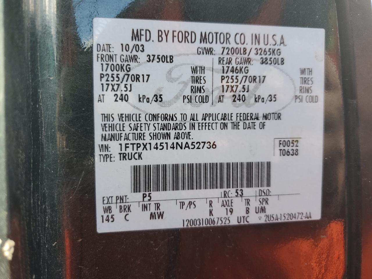 1FTPX14514NA52736 2004 Ford F150