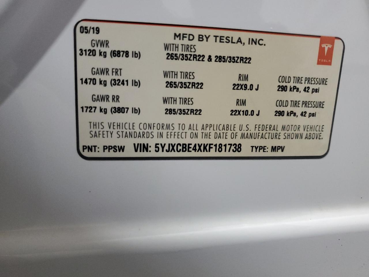 5YJXCBE4XKF181738 2019 Tesla Model X