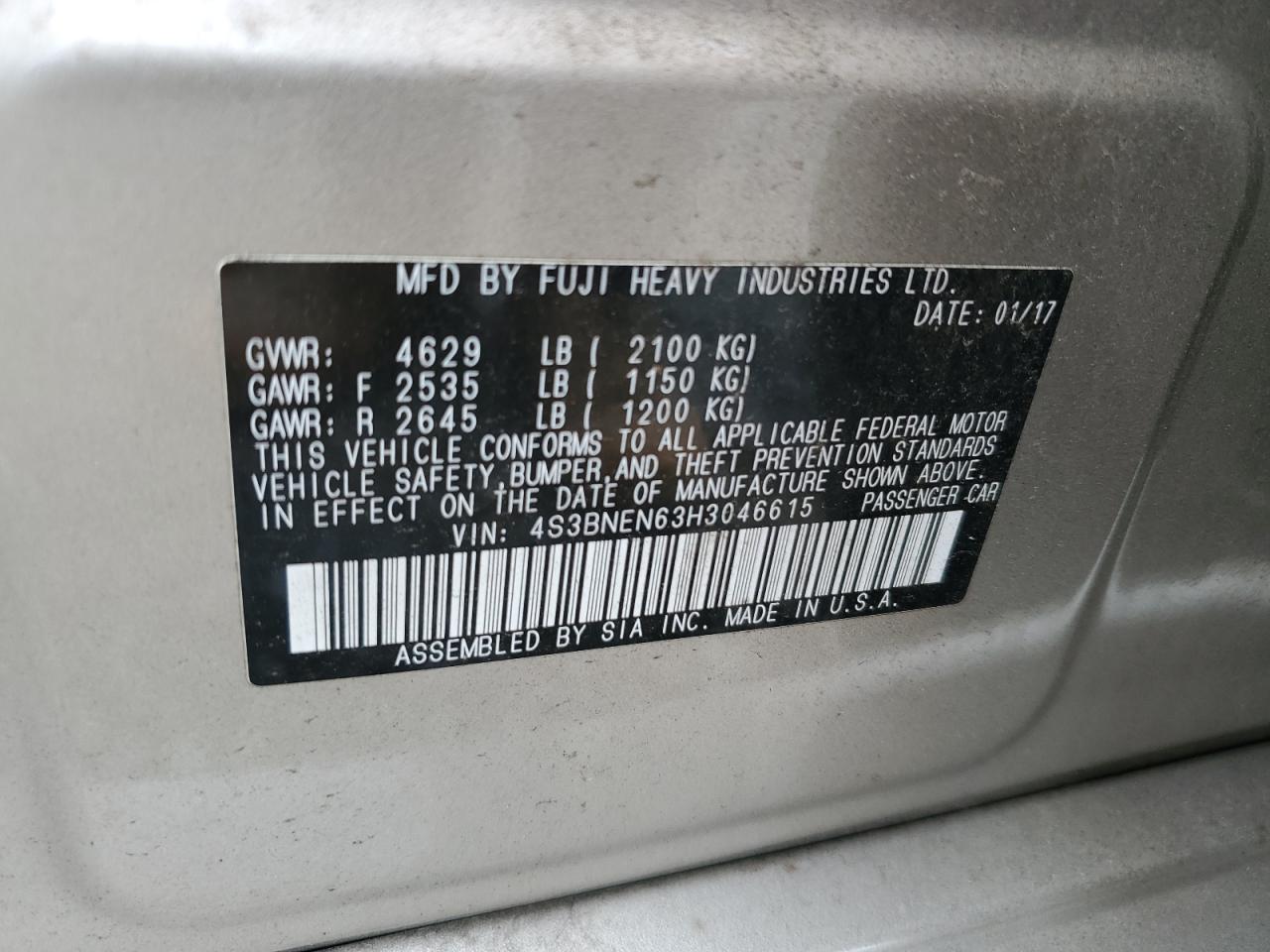 4S3BNEN63H3046615 2017 Subaru Legacy 3.6R Limited