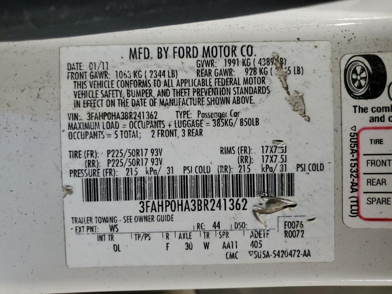 2011 Ford Fusion Se VIN: 3FAHP0HA3BR241362 Lot: 71008504