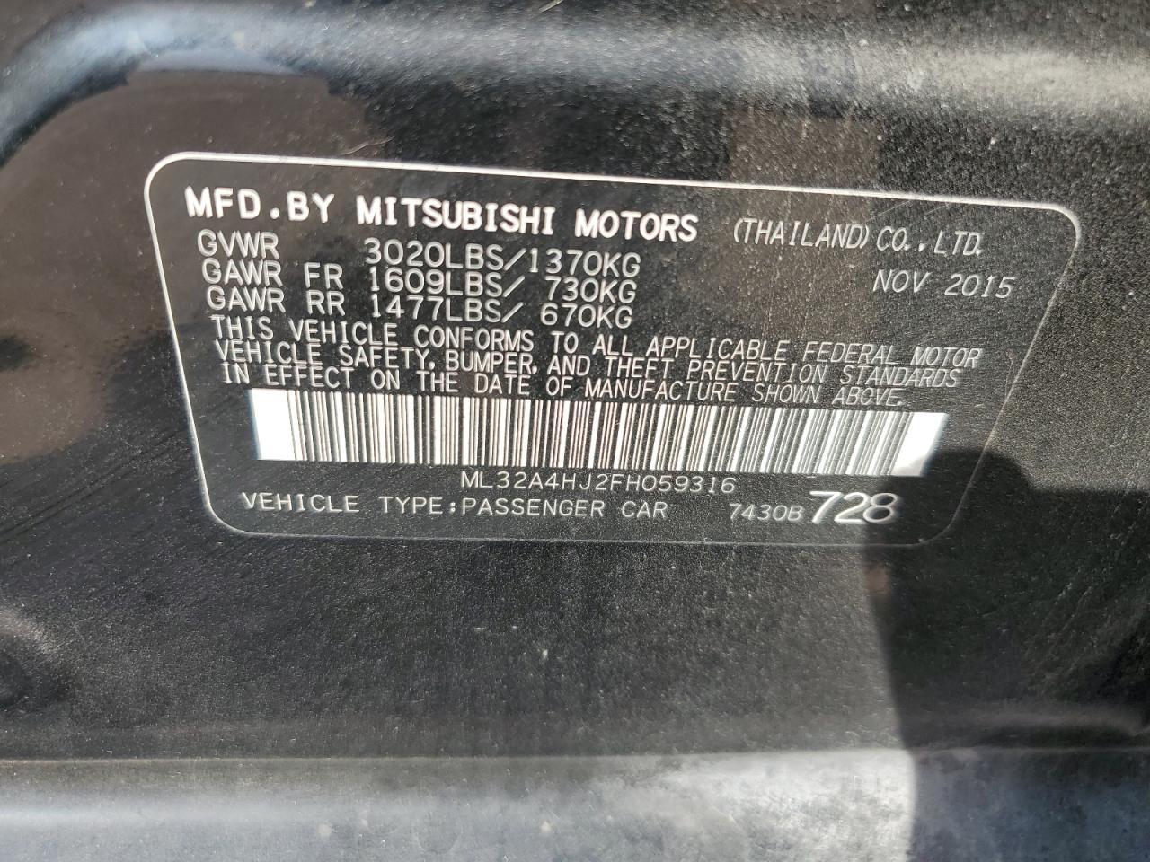 2015 Mitsubishi Mirage Es VIN: ML32A4HJ2FH059316 Lot: 71579744