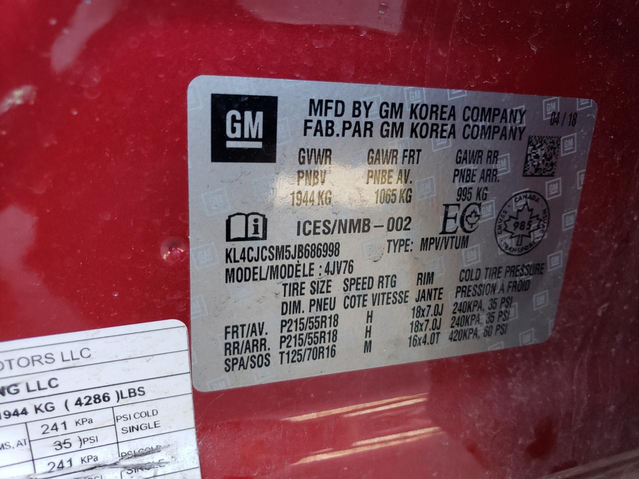 KL4CJCSM5JB686998 2018 Buick Encore Essence