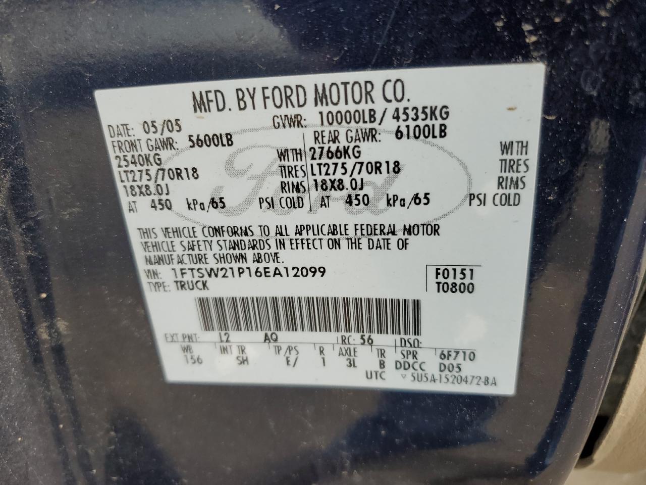 1FTSW21P16EA12099 2006 Ford F250 Super Duty