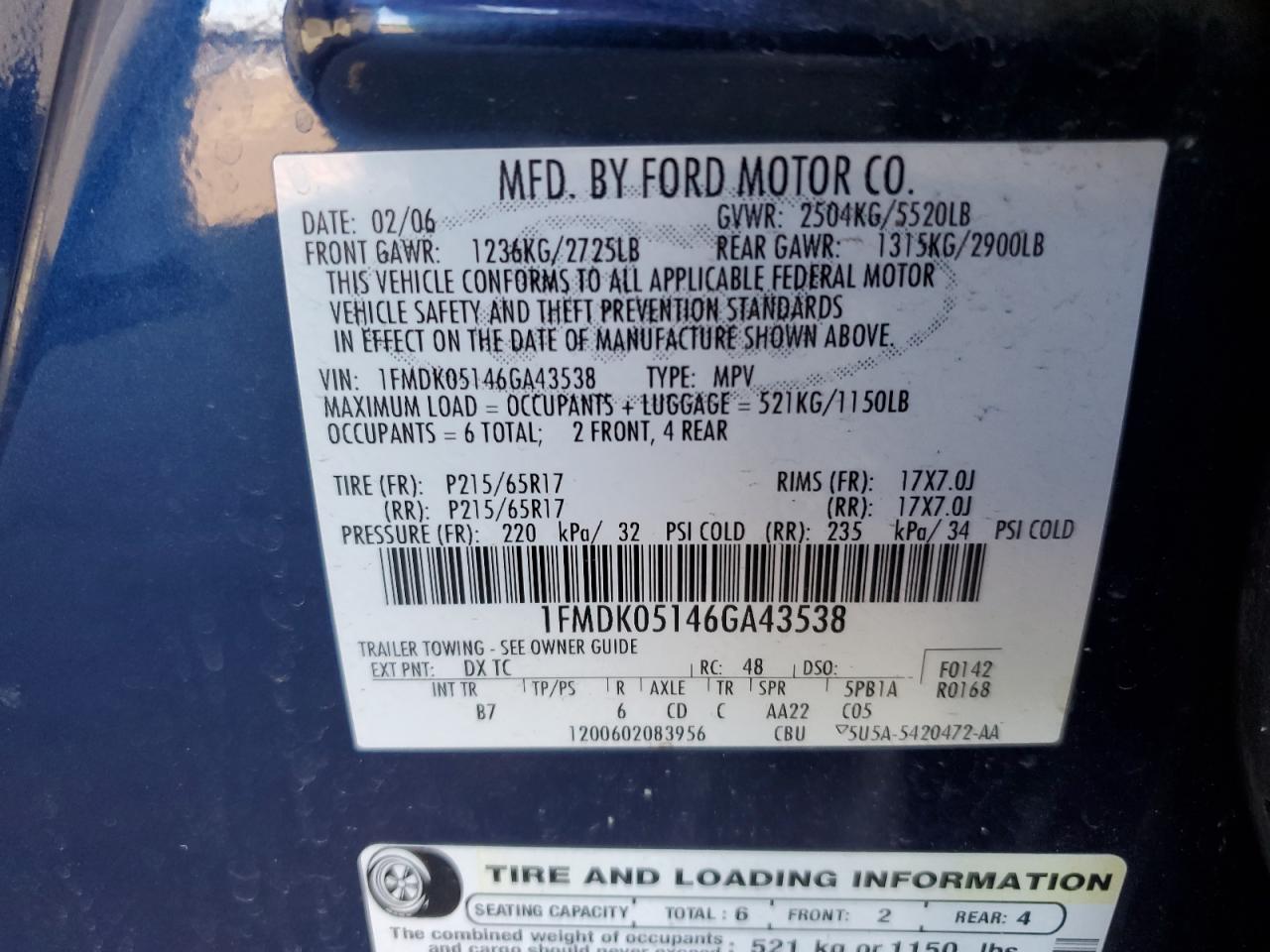 1FMDK05146GA43538 2006 Ford Freestyle Sel