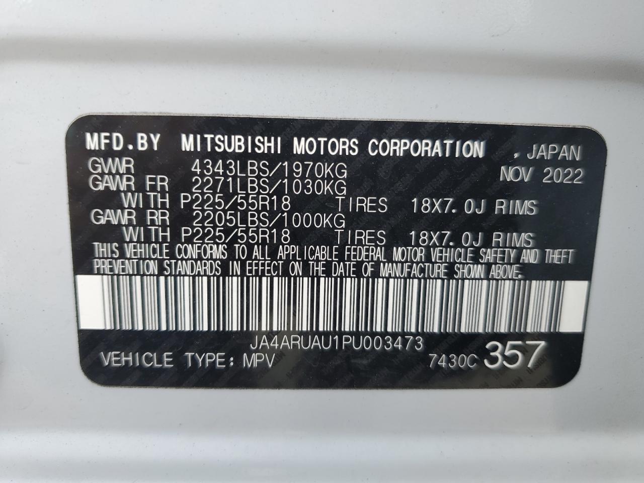 VIN JA4ARUAU1PU003473 2023 MITSUBISHI OUTLANDER no.12