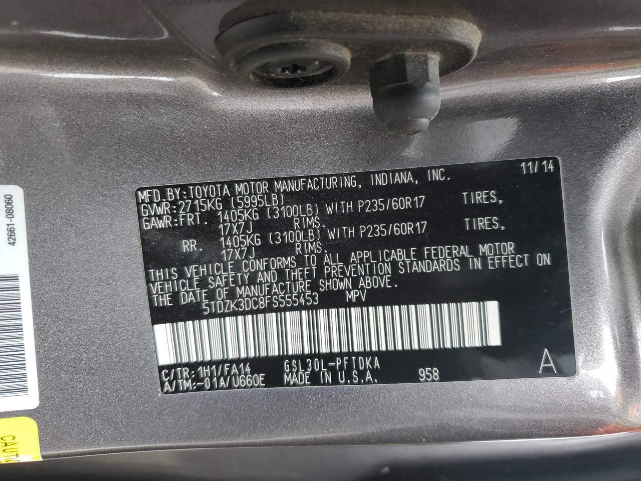 5TDZK3DC8FS555453 2015 Toyota Sienna