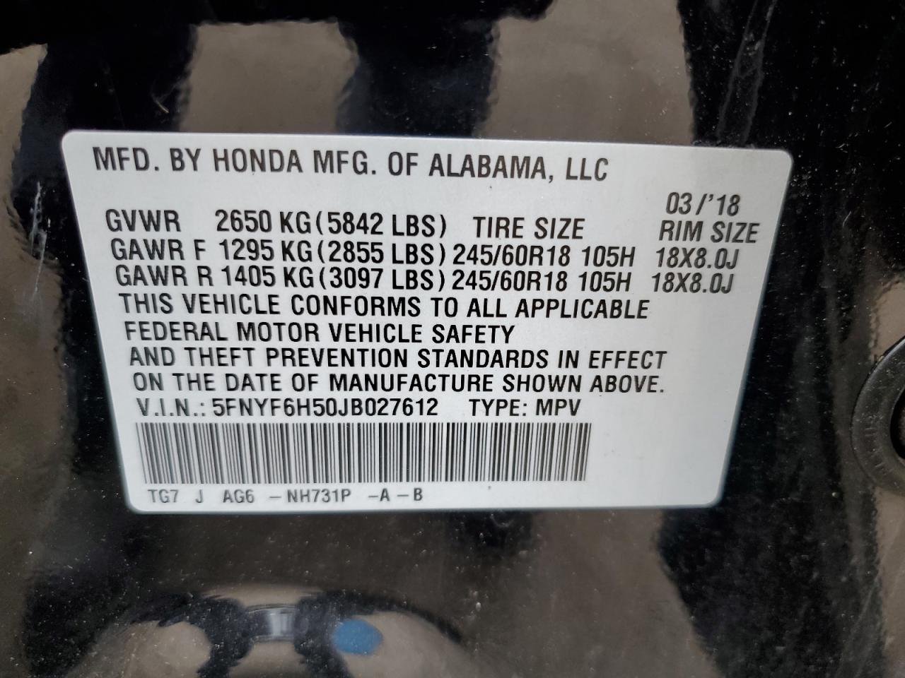 5FNYF6H50JB027612 2018 Honda Pilot Exl