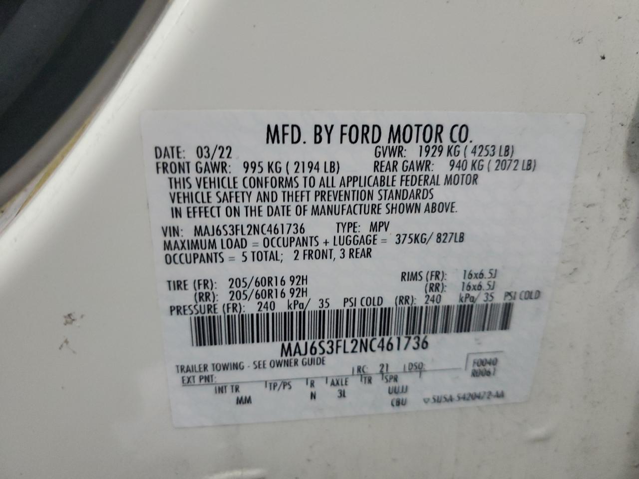 MAJ6S3FL2NC461736 2022 Ford Ecosport S