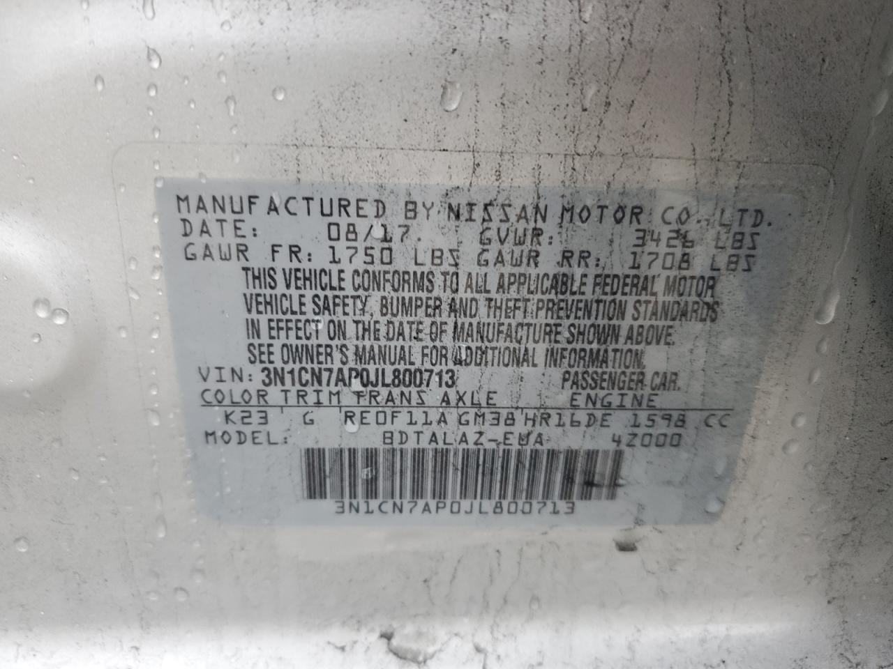 VIN 3N1CN7AP0JL800713 2018 NISSAN VERSA no.12