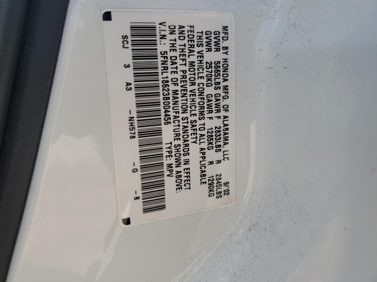 5FNRL18623B004456 2003 Honda Odyssey Ex