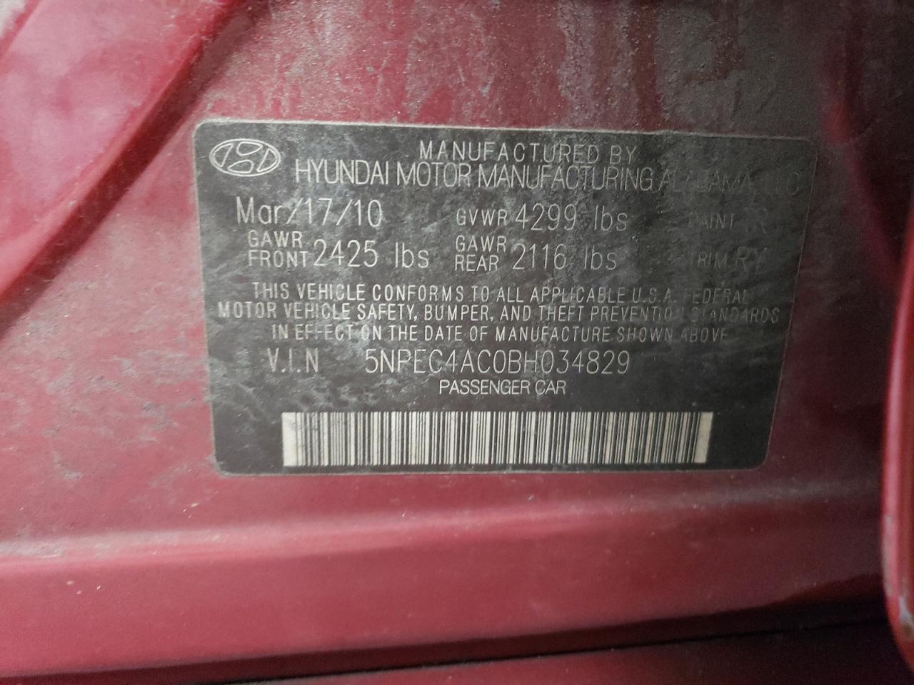 5NPEC4AC0BH034829 2011 Hyundai Sonata Se