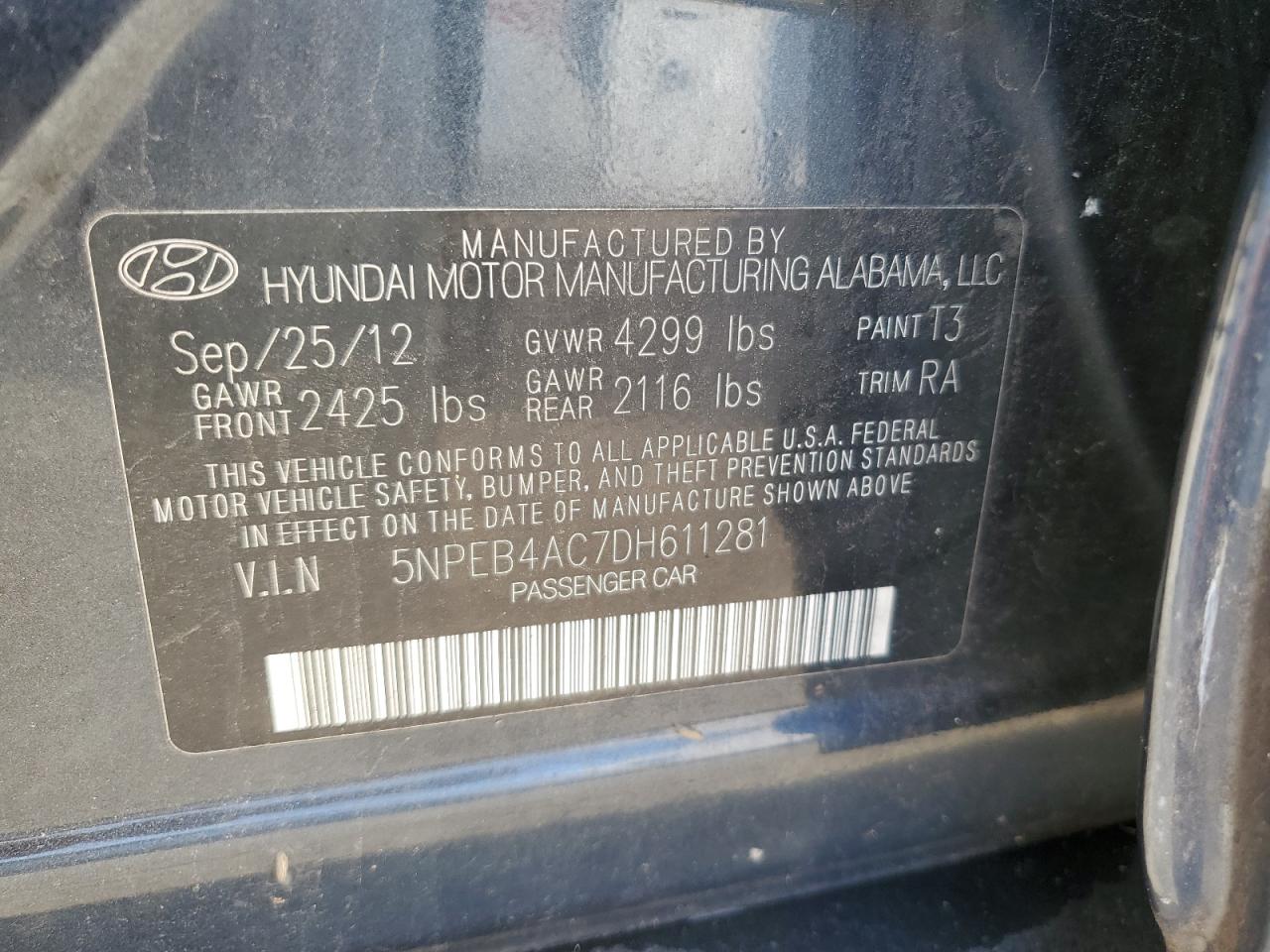 5NPEB4AC7DH611281 2013 Hyundai Sonata Gls