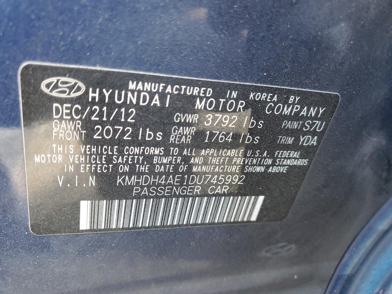 KMHDH4AE1DU745992 2013 Hyundai Elantra Gls