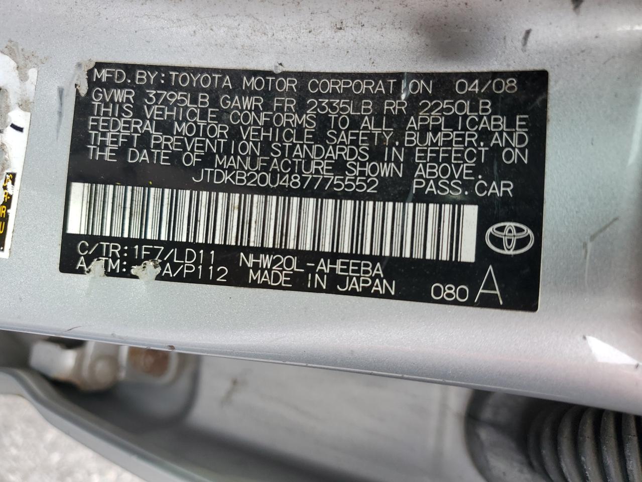 JTDKB20U487775552 2008 Toyota Prius