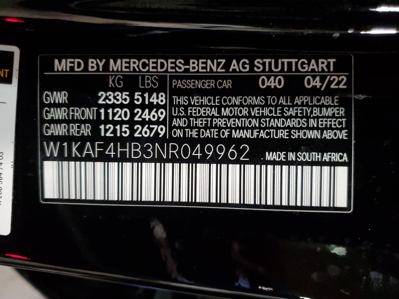 2022 Mercedes-Benz C 300 4Matic VIN: W1KAF4HB3NR049962 Lot: 70761794