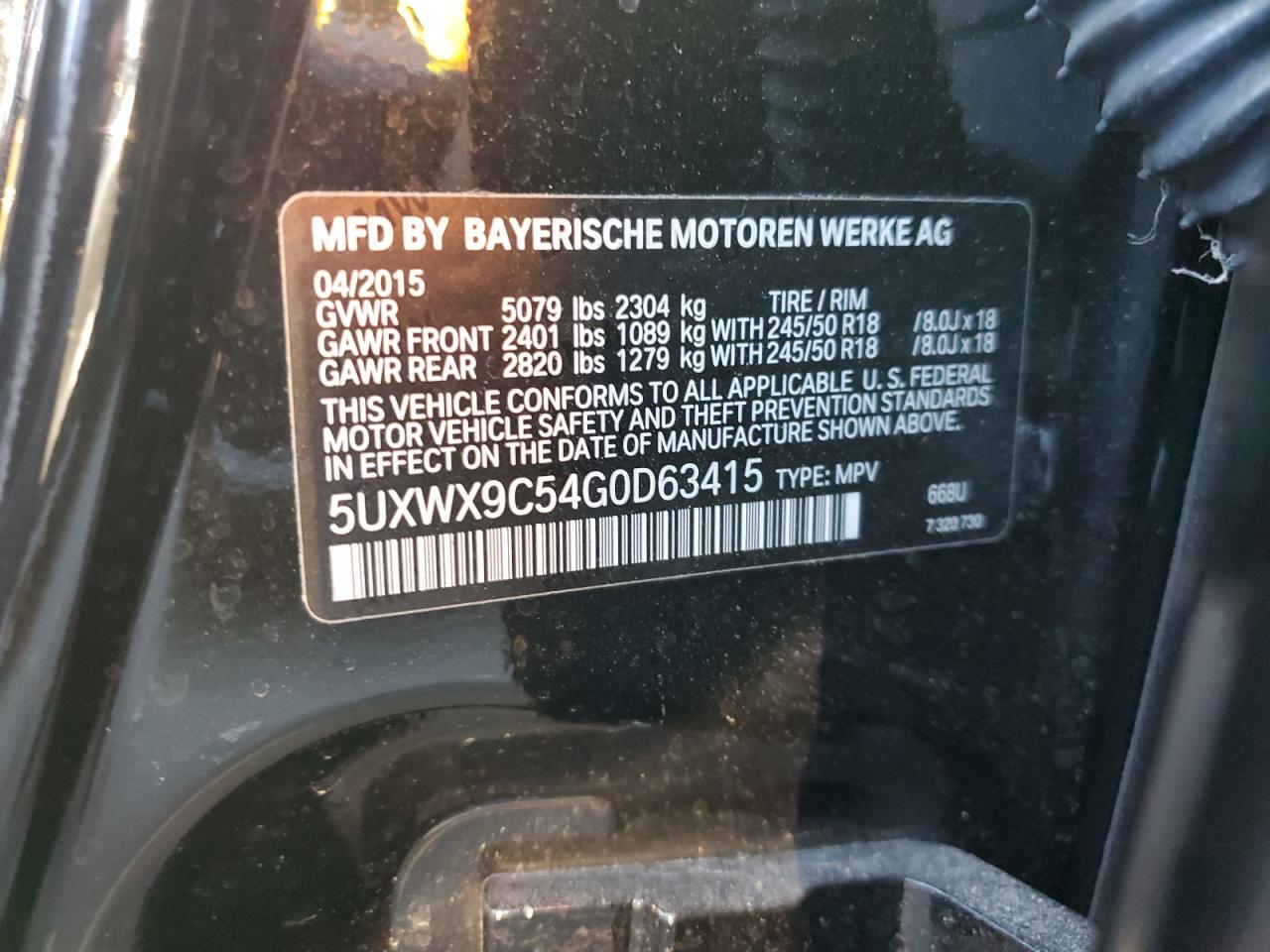 2016 BMW X3 xDrive28I VIN: 5UXWX9C54G0D63415 Lot: 72740154