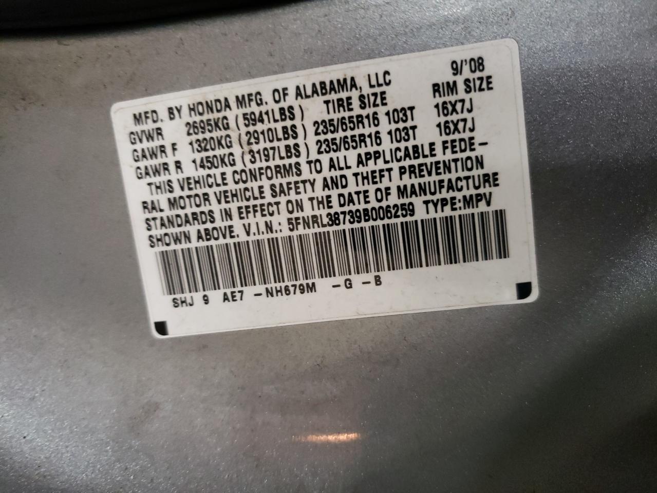 5FNRL38739B006259 2009 Honda Odyssey Exl