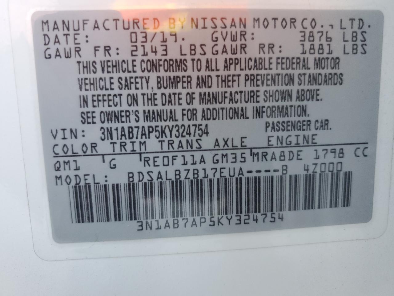 3N1AB7AP5KY324754 2019 Nissan Sentra S