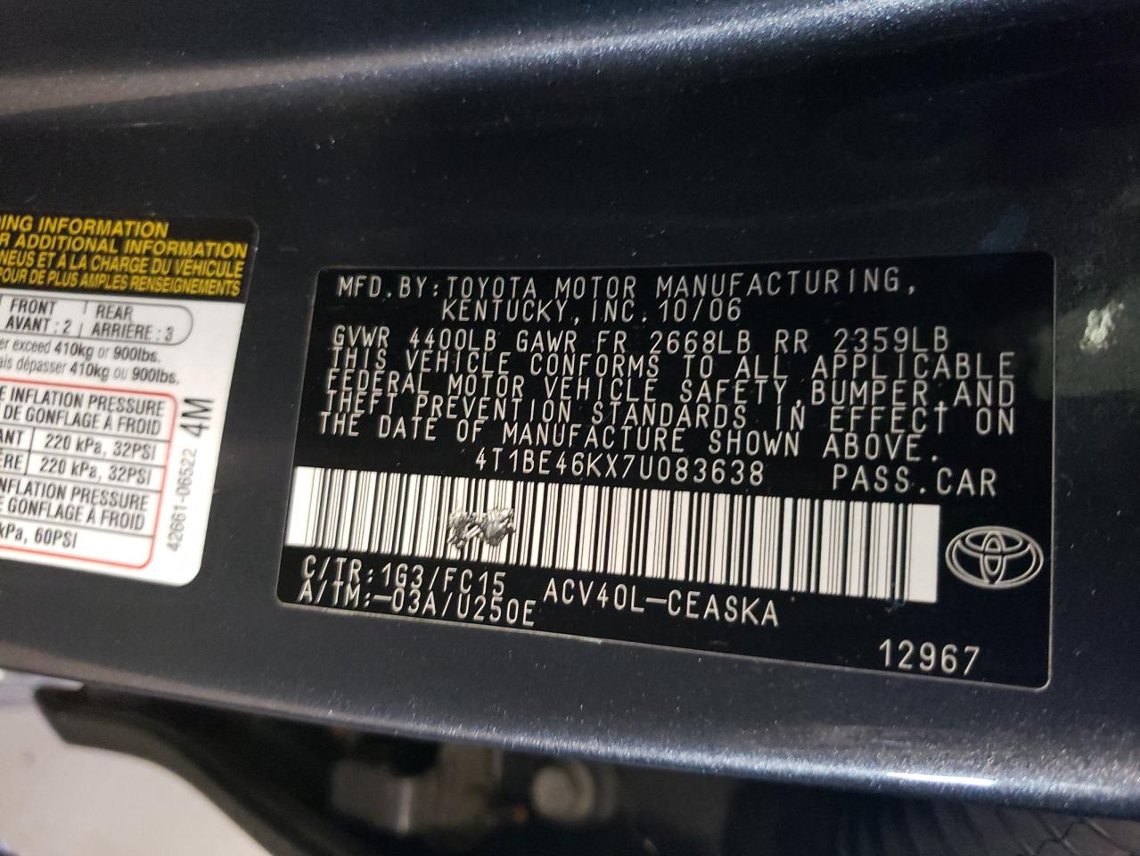 4T1BE46KX7U083638 2007 Toyota Camry Ce