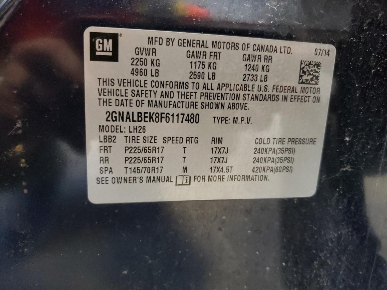 2GNALBEK8F6117480 2015 Chevrolet Equinox Lt