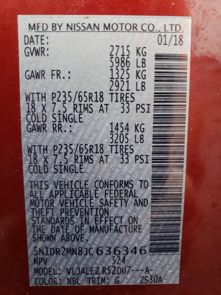 2018 Nissan Pathfinder S VIN: 5N1DR2MN8JC636346 Lot: 72714794