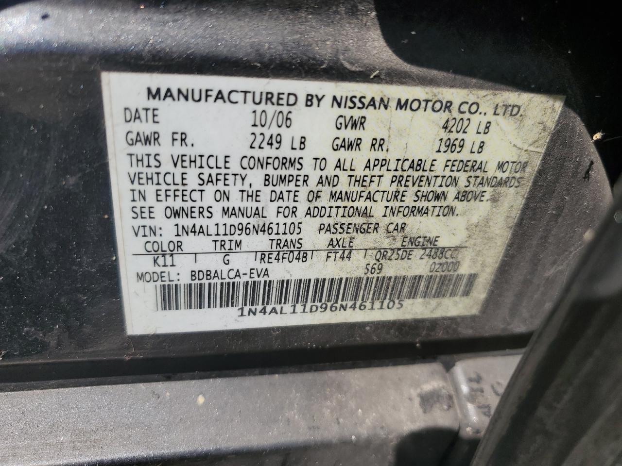 1N4AL11D96N461105 2006 Nissan Altima S