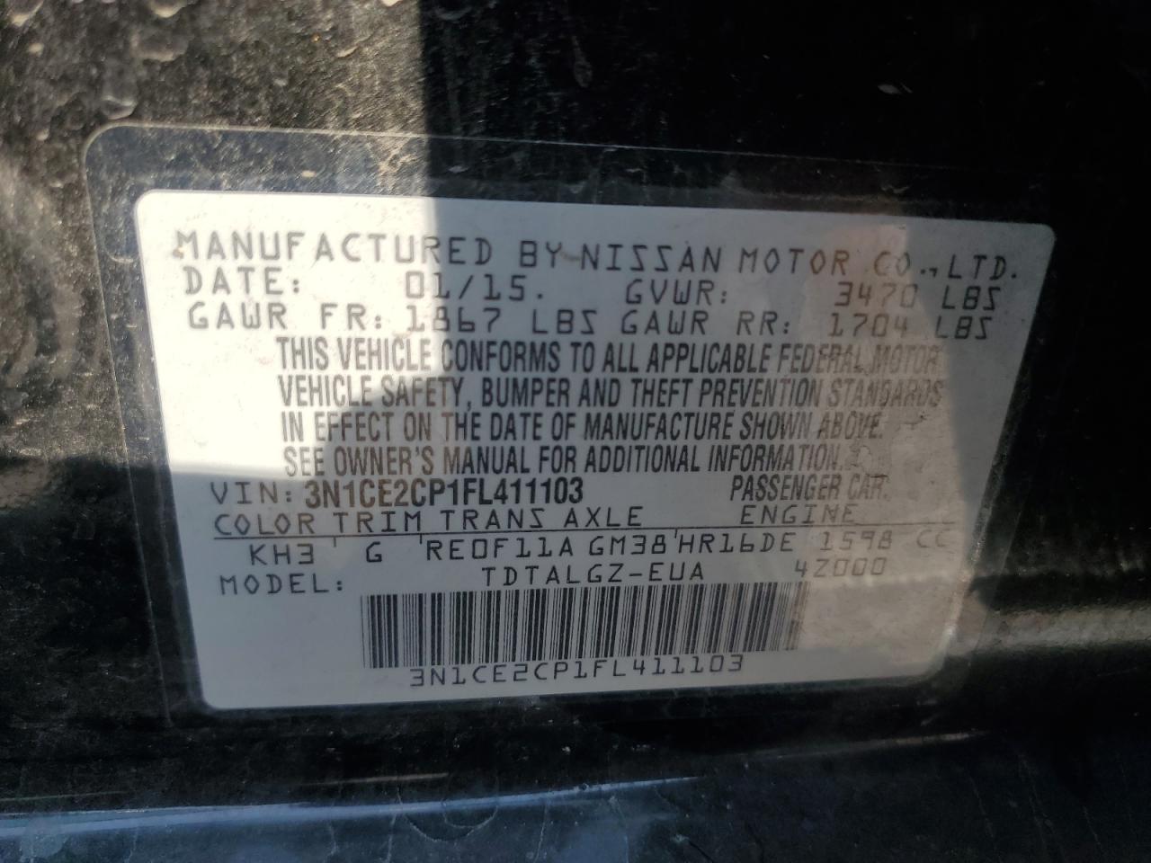 3N1CE2CP1FL411103 2015 Nissan Versa Note S