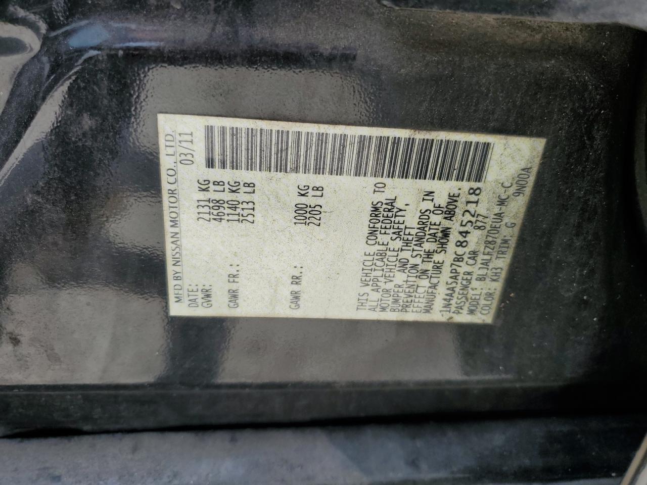 2011 Nissan Maxima S VIN: 1N4AA5AP7BC845218 Lot: 72043204