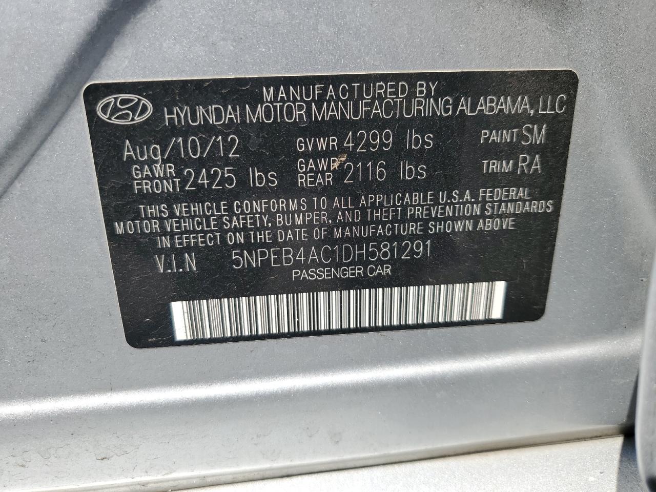 2013 Hyundai Sonata Gls VIN: 5NPEB4AC1DH581291 Lot: 71230284