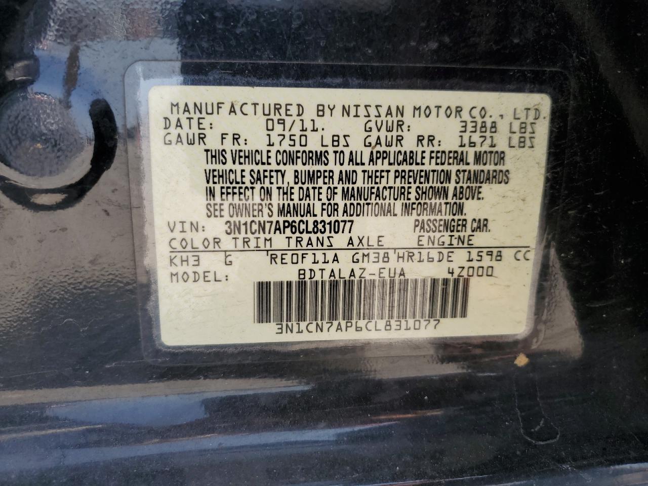 3N1CN7AP6CL831077 2012 Nissan Versa S