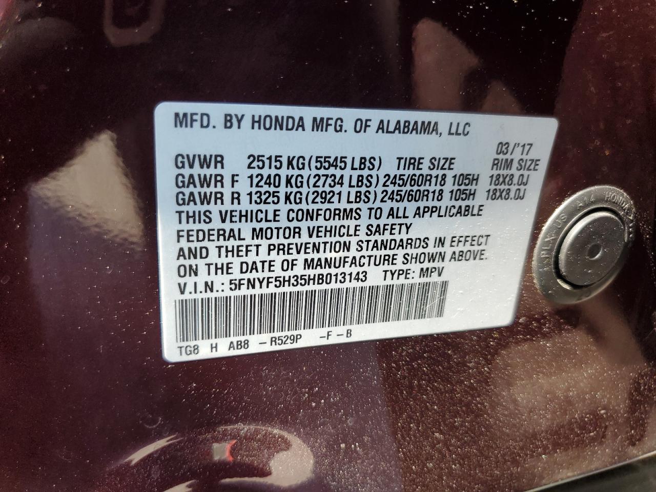 5FNYF5H35HB013143 2017 Honda Pilot Ex