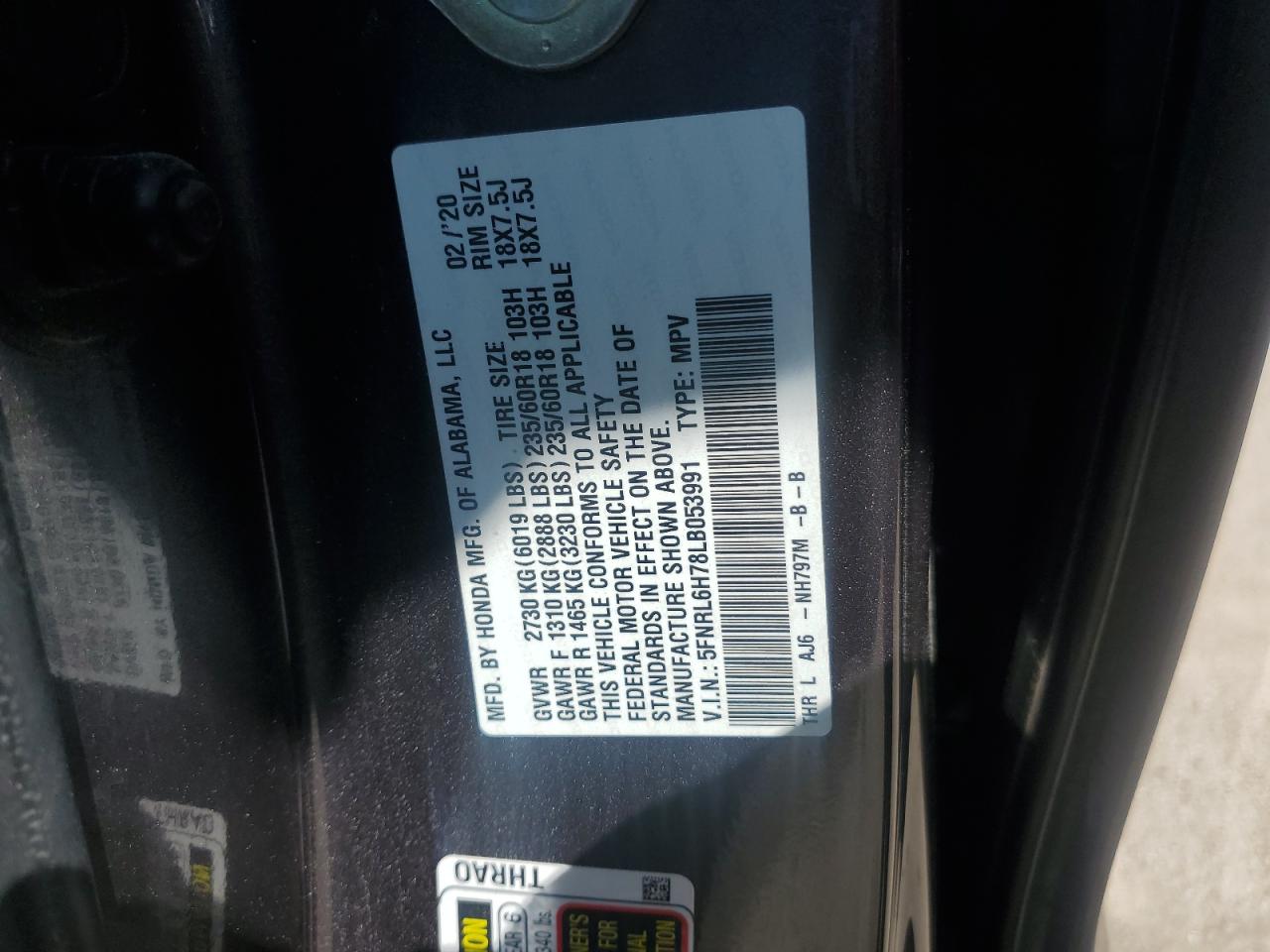 5FNRL6H78LB053991 2020 Honda Odyssey Exl