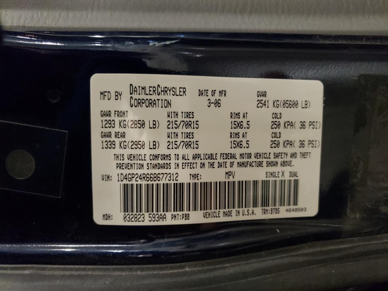 2006 Dodge Grand Caravan Se VIN: 1D4GP24R66B677312 Lot: 71676894