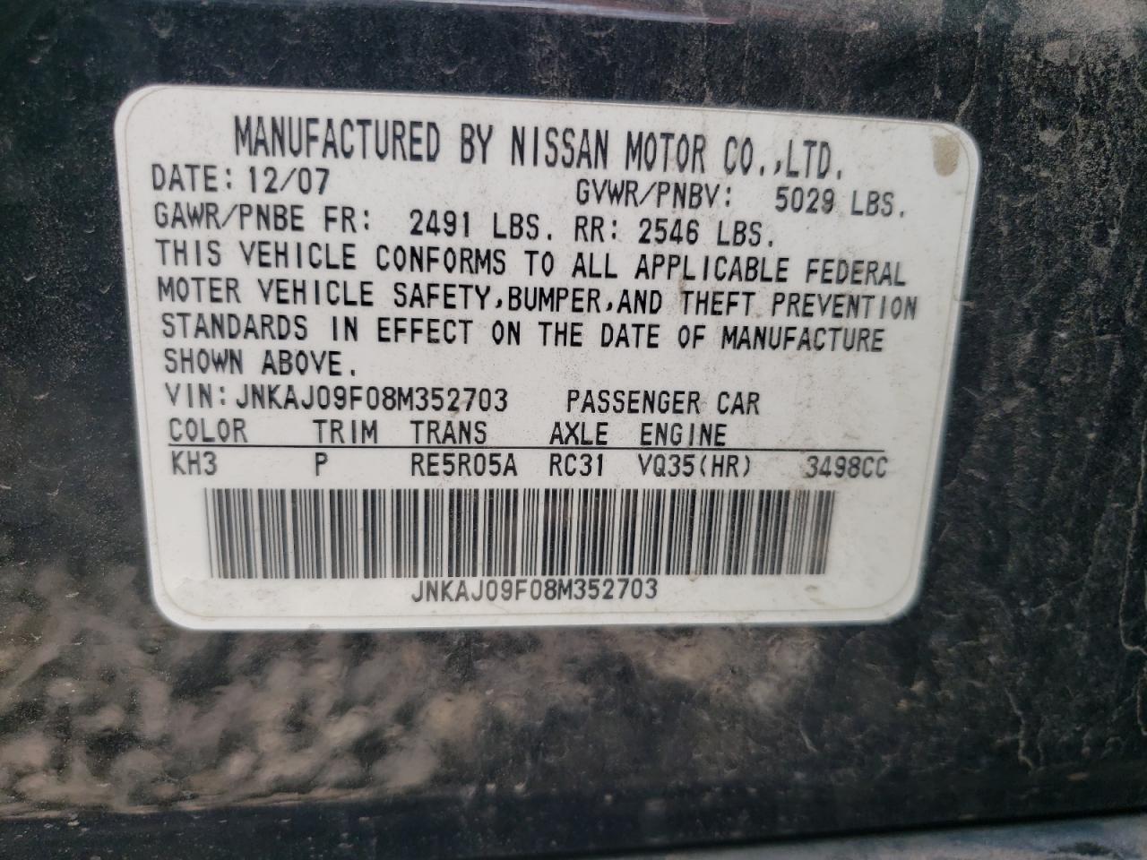 JNKAJ09F08M352703 2008 Infiniti Ex35 Base