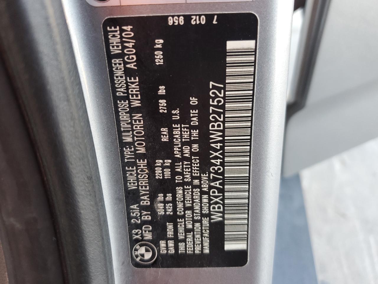 2004 BMW X3 2.5I VIN: WBXPA734X4WB27527 Lot: 73212074