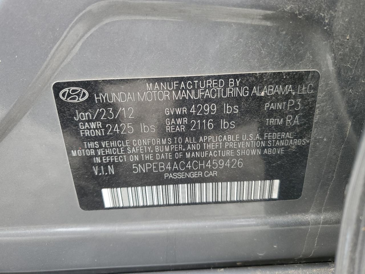 5NPEB4AC4CH459426 2012 Hyundai Sonata Gls