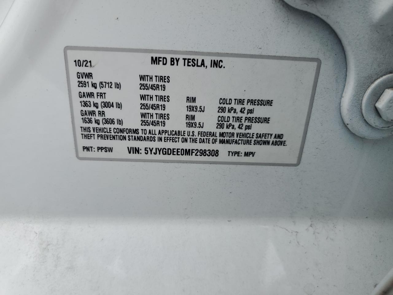 5YJYGDEE0MF298308 2021 Tesla Model Y