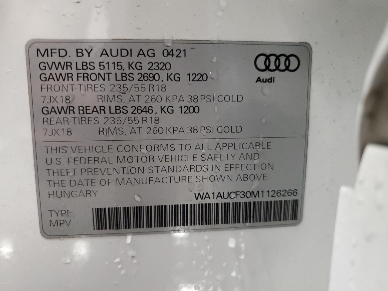 2021 Audi Q3 Premium 40 VIN: WA1AUCF30M1126266 Lot: 73235244