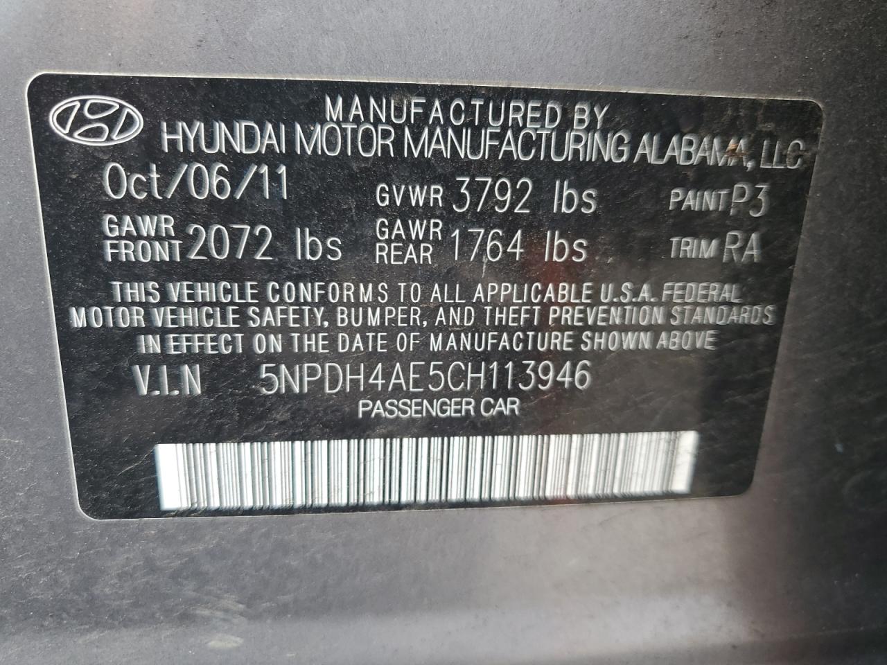 5NPDH4AE5CH113946 2012 Hyundai Elantra Gls