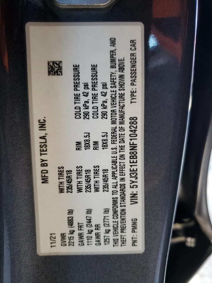 2022 Tesla Model 3 VIN: 5YJ3E1EB8NF104288 Lot: 73752114