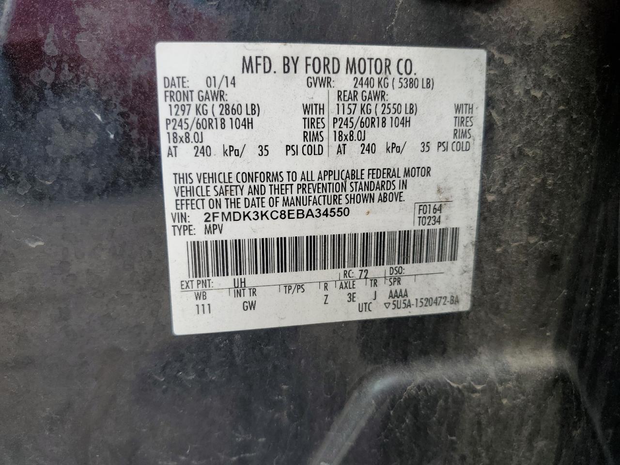 VIN 2FMDK3KC8EBA34550 2014 FORD EDGE no.13